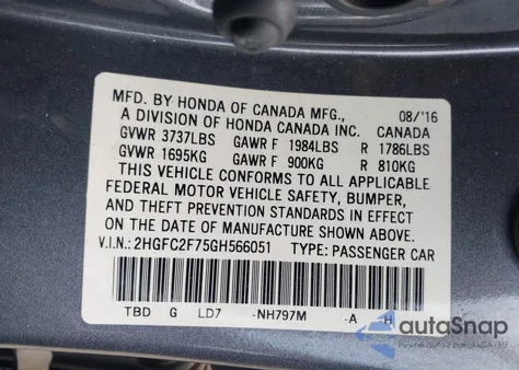 2016 Honda Civic Ex из США, поврежденный, VIN 2HGFC2F75GH566051